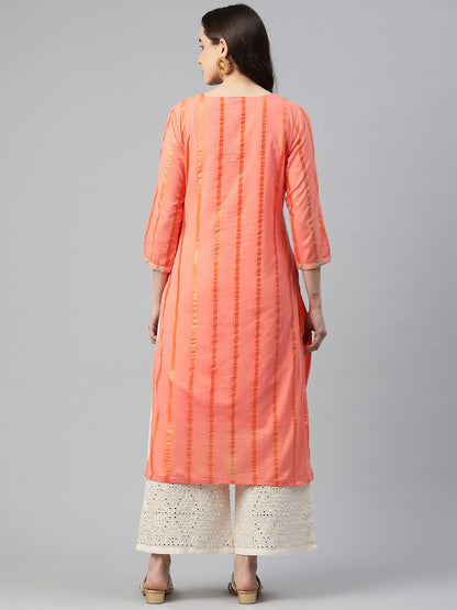 Straight Style Cotton Fabric Orange Color Kurti With Embroidered & Foil Print Work