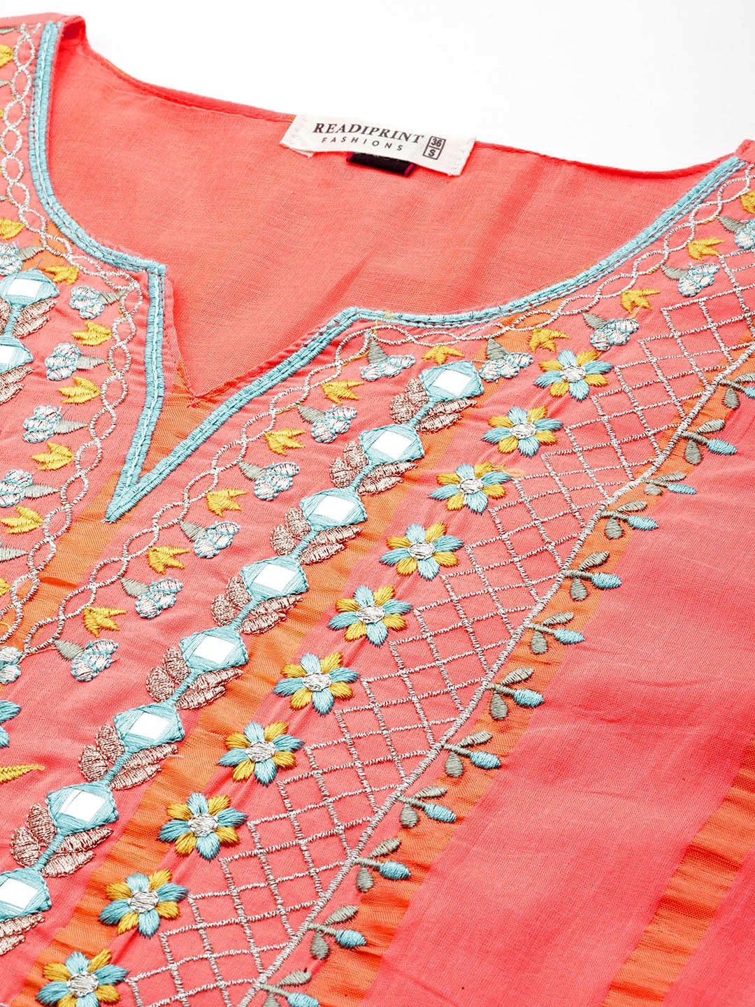 Straight Style Cotton Fabric Orange Color Kurti With Embroidered & Foil Print Work