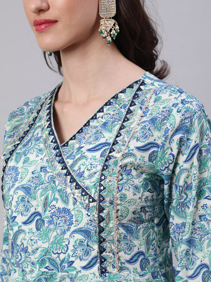 Cotton Calf Length Printed Semi-Flared 3/4 Sleeves V-Neck Kurta Bottom Dupatta Set