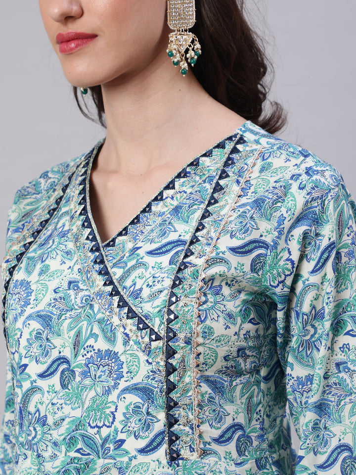 Cotton Calf Length Printed Semi-Flared 3/4 Sleeves V-Neck Kurta Bottom Dupatta Set