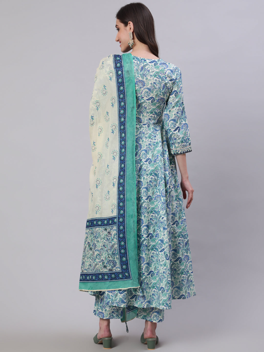 Cotton Calf Length Printed Semi-Flared 3/4 Sleeves V-Neck Kurta Bottom Dupatta Set