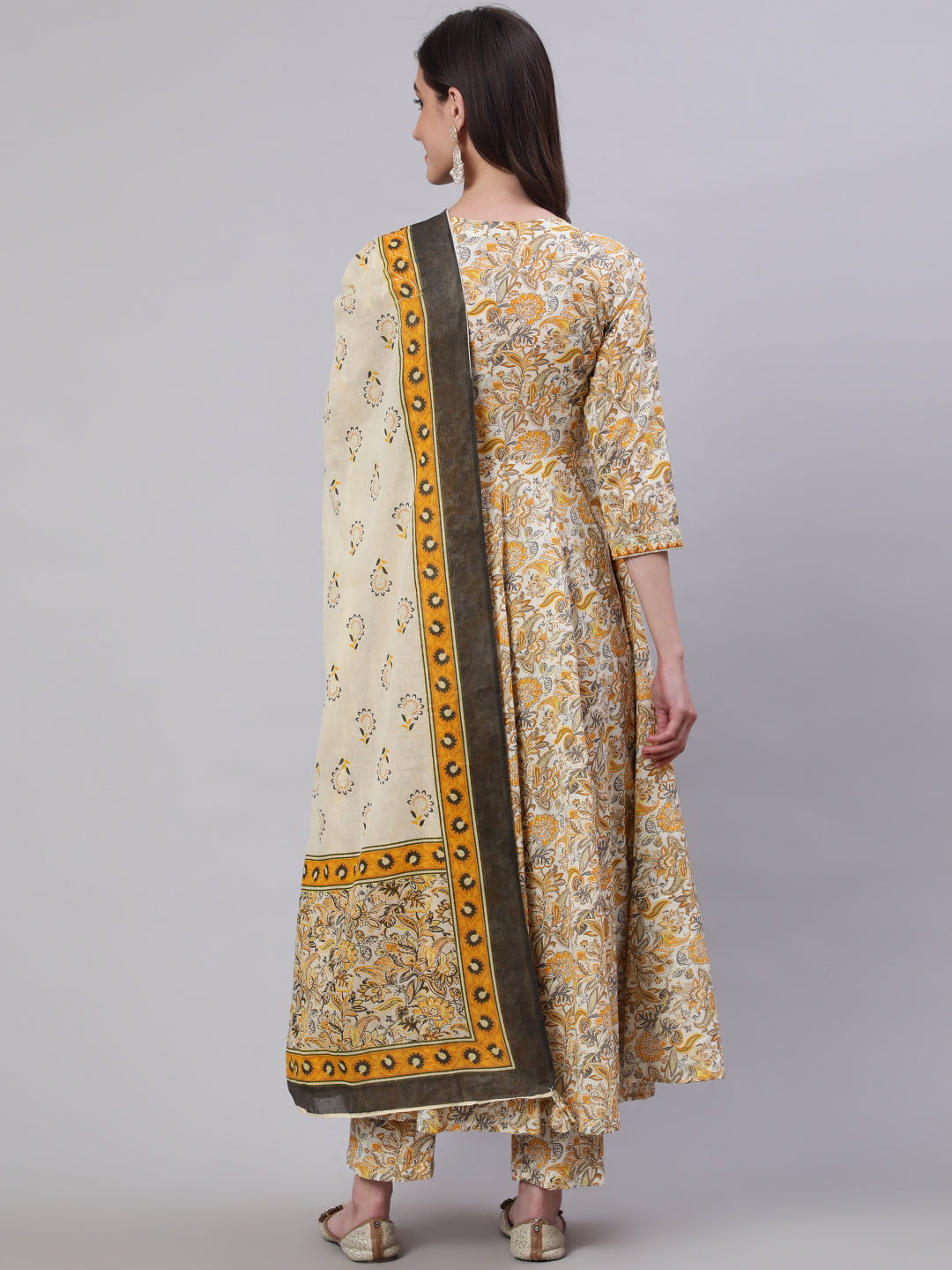 Cotton Calf Length Printed Semi-Flared 3/4 Sleeves V-Neck Kurta Bottom Dupatta Set