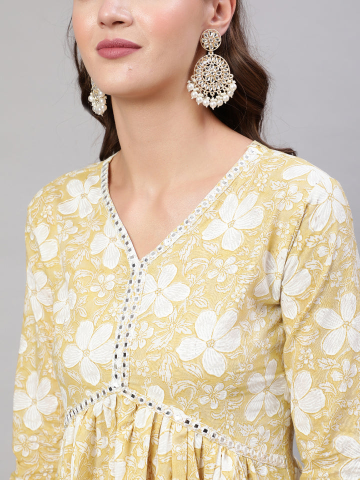 Cotton Calf Length Printed &amp; Embroidery  Semi-Flared 3/4 Sleeves V Neck Kurta Bottom Dupatta Set