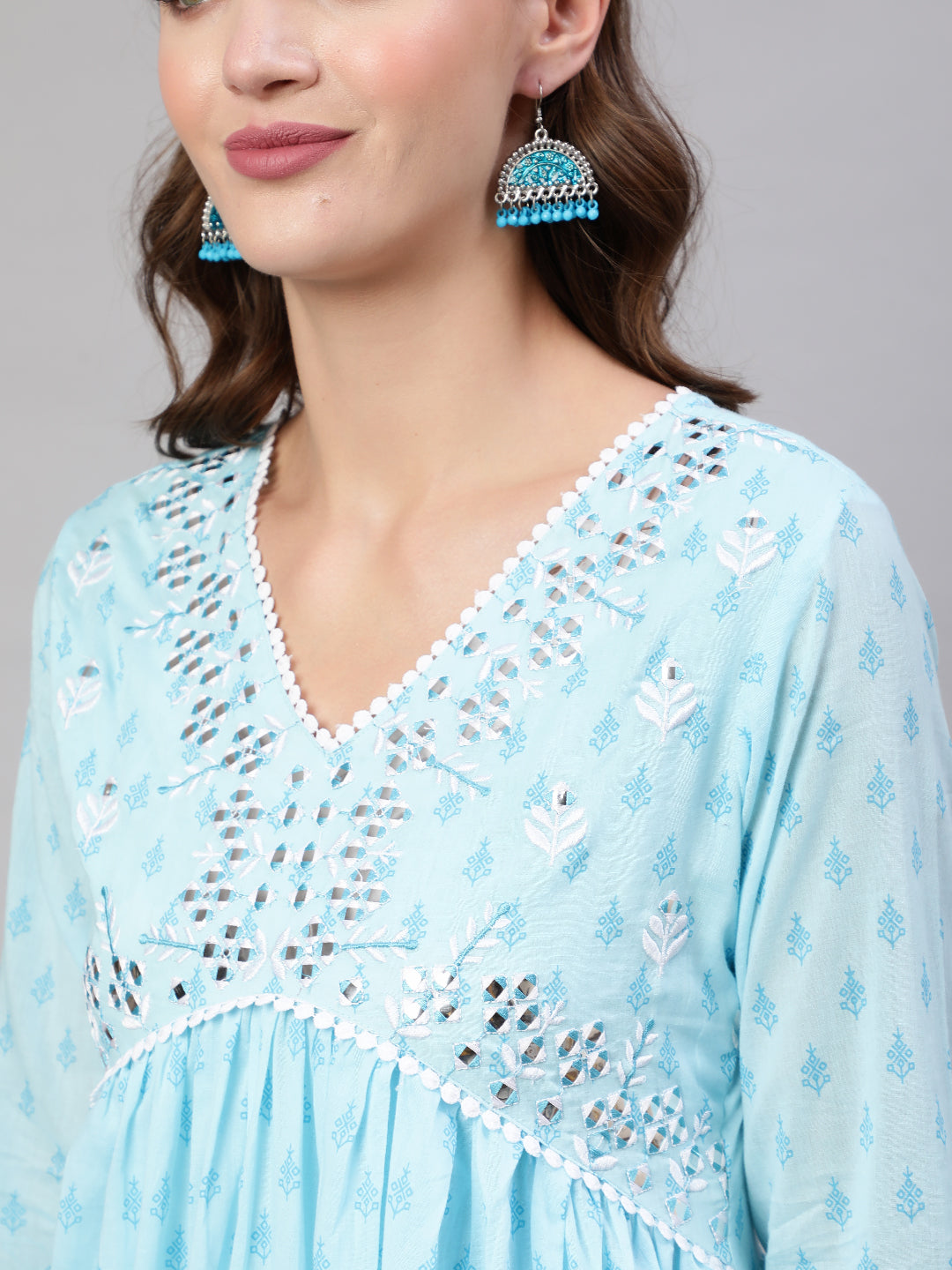 Rayon Calf Length Printed & Embroidery  Semi-Flared 3/4 Sleeves V Neck Kurta Bottom Dupatta Set