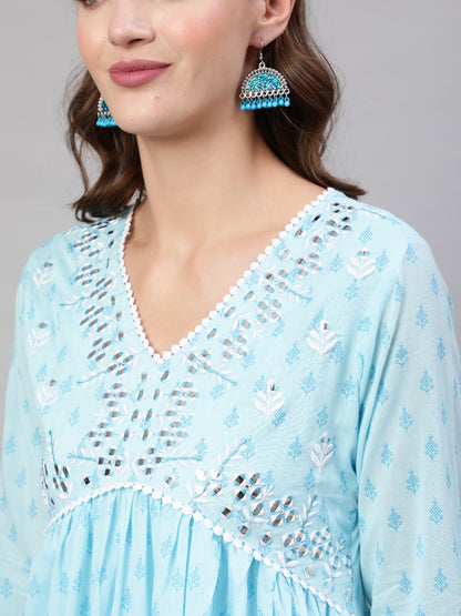 Rayon Calf Length Printed & Embroidery  Semi-Flared 3/4 Sleeves V Neck Kurta Bottom Dupatta Set