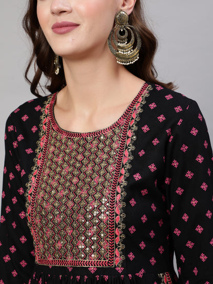 Rayon Sequence 3/4 Sleeve Flared Round Neck Calf Length Kurta Bottom Set