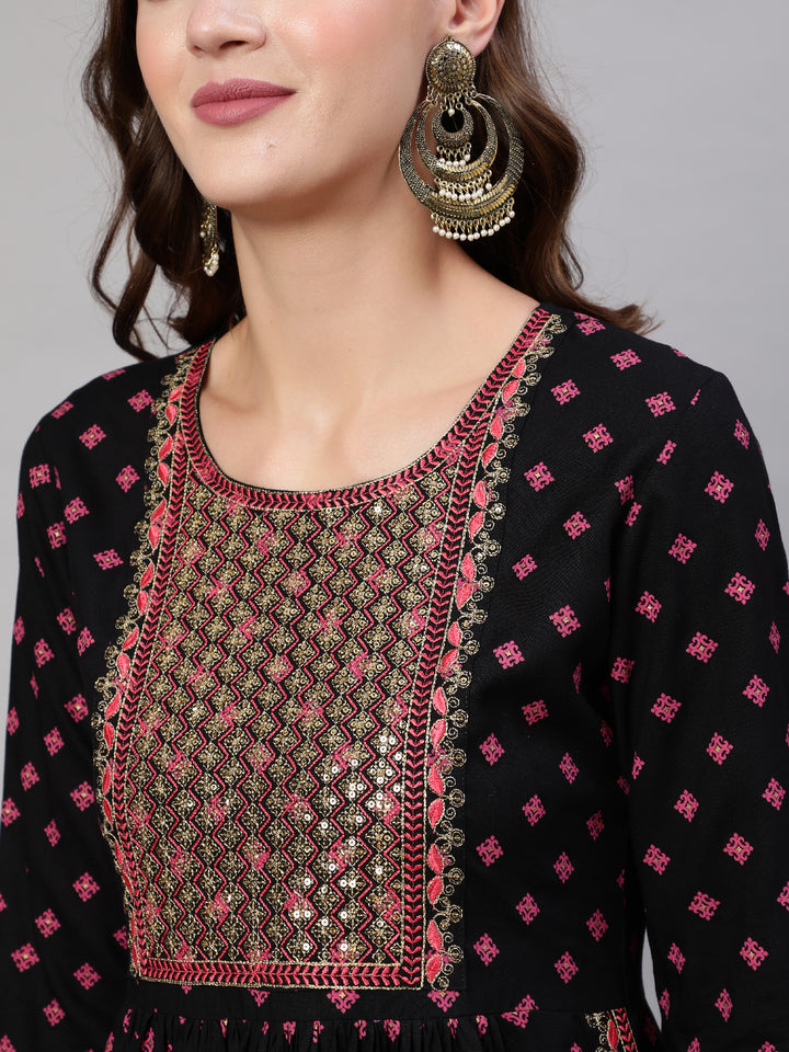 Rayon Sequence 3/4 Sleeve Flared Round Neck Calf Length Kurta Bottom Set