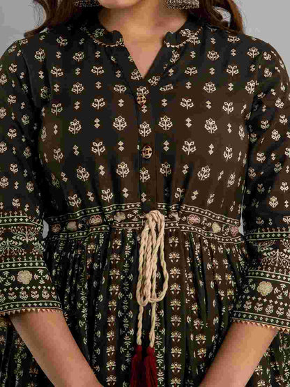 Printed Viscose Rayon Collar Neck 3/4 Sleeves Calf Flared Kurta