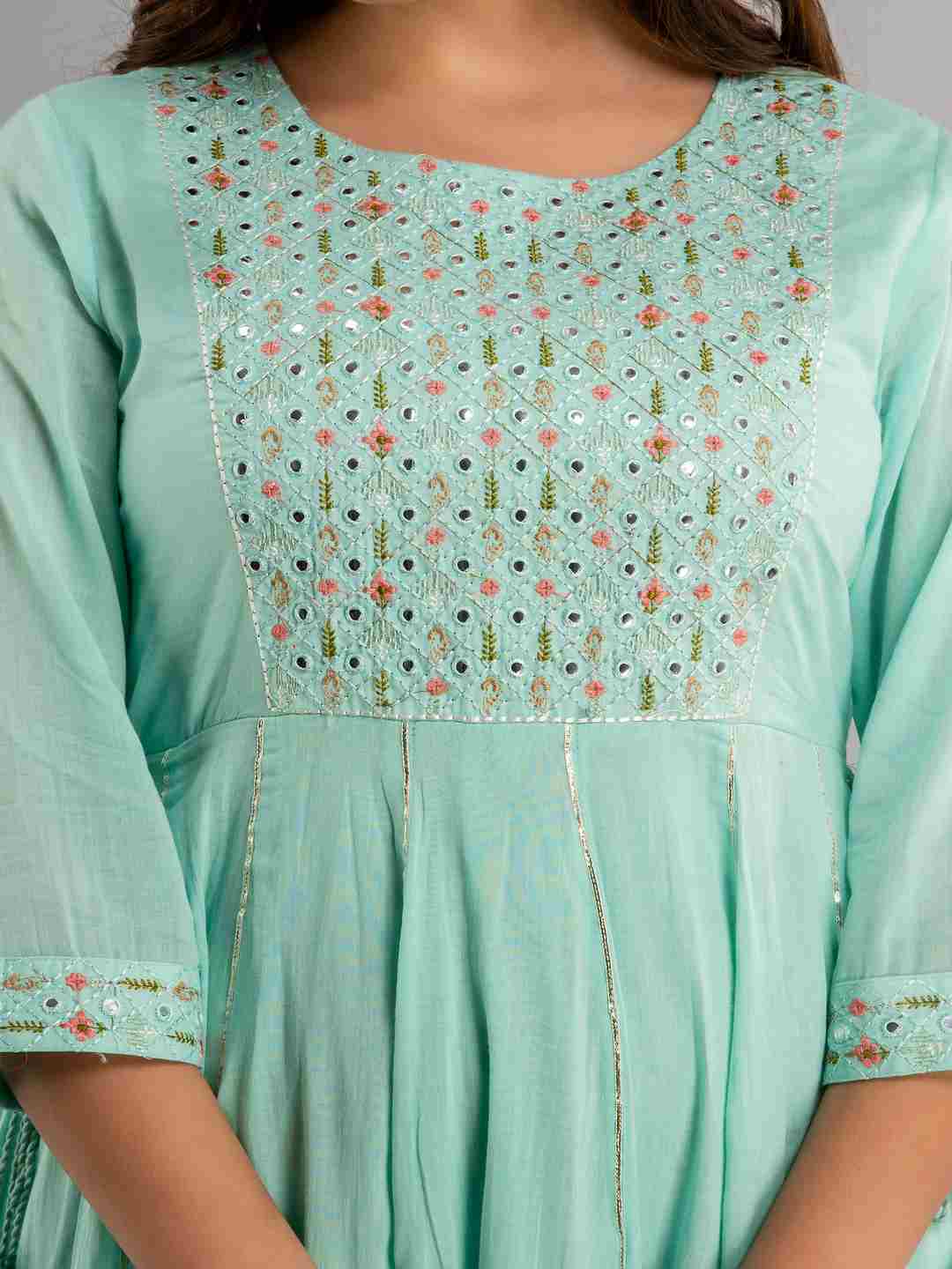 Embroidered Viscose Rayon Round Neck 3/4 Sleeves Ankle Flared Kurta