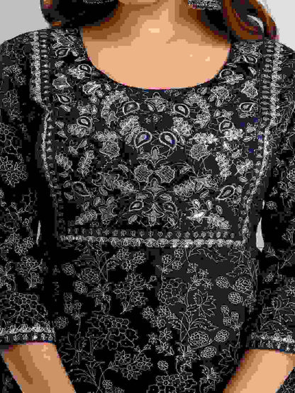 Embroidered A-line Round Neck 3/4 Sleeves Calf Length RAYON Kurta Dupatta Set