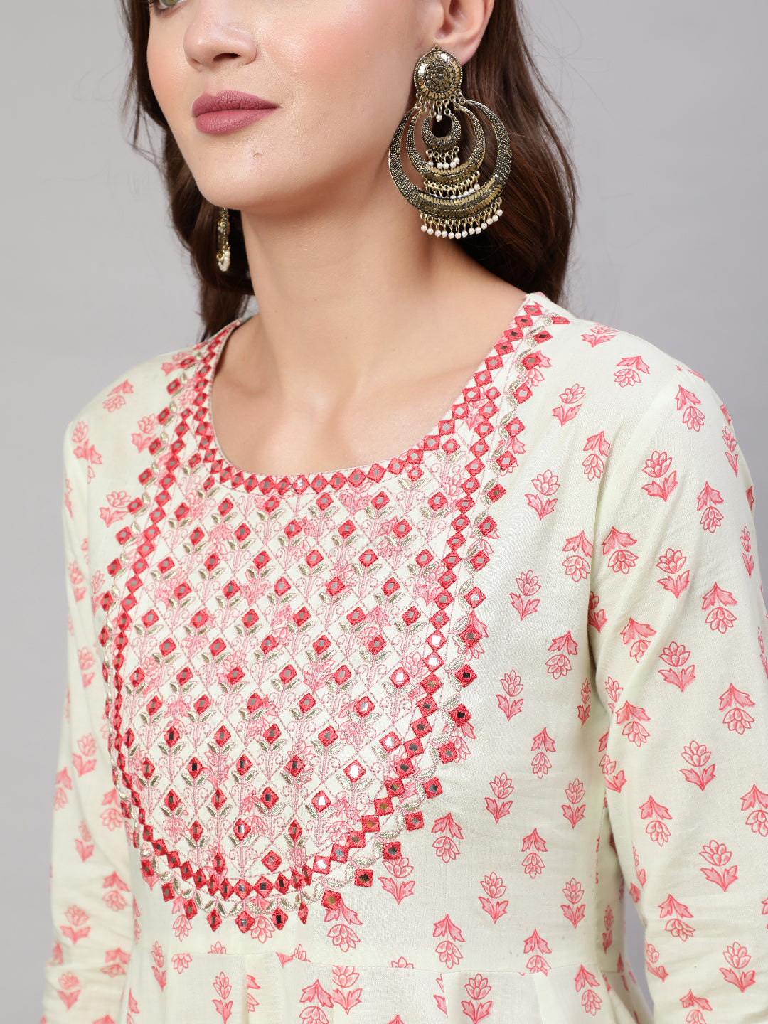 Rayon Ankle Length Flared 3/4 Sleeves Printed & Embroidery  V Neck Kurta