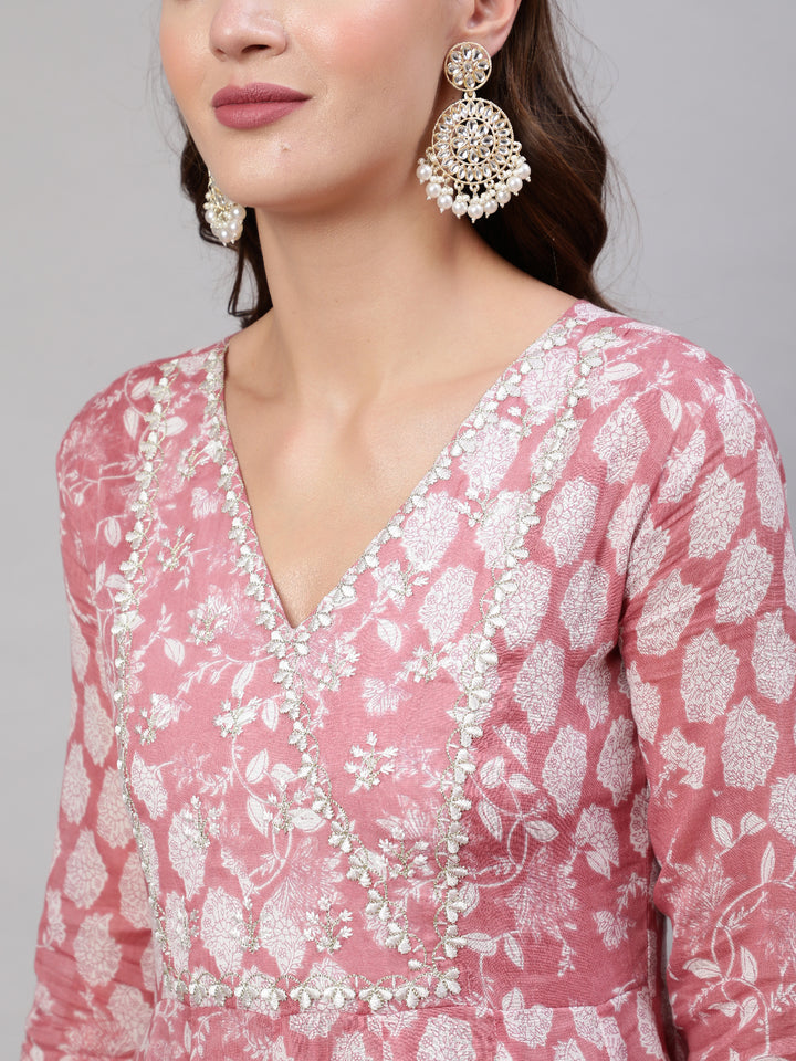 Cotton Ankle Length Flared 3/4 Sleeves Printed &amp; Embroidery  Round Neck Kurta