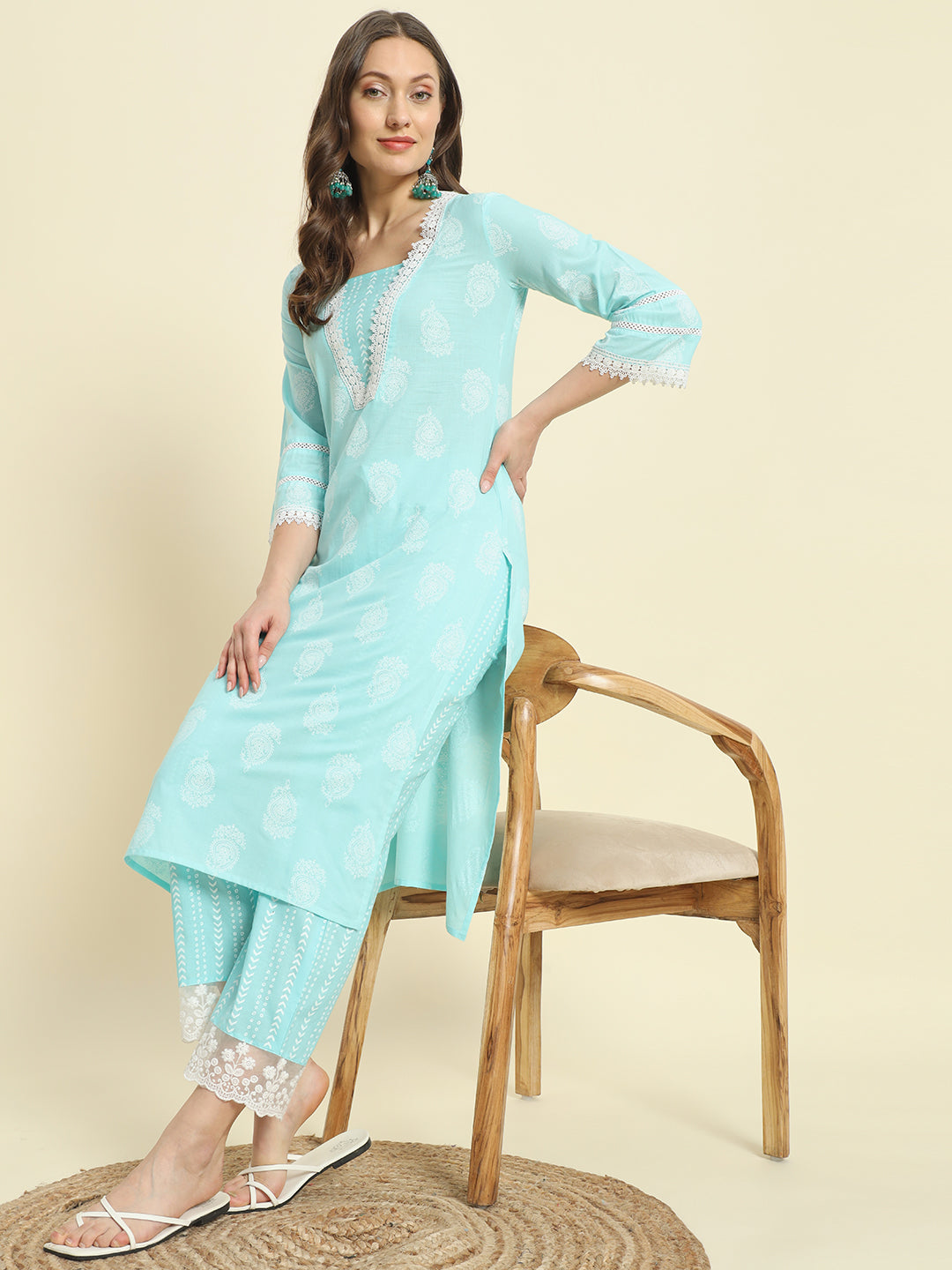Cotton Embroidery Printed Straight Kurta Set