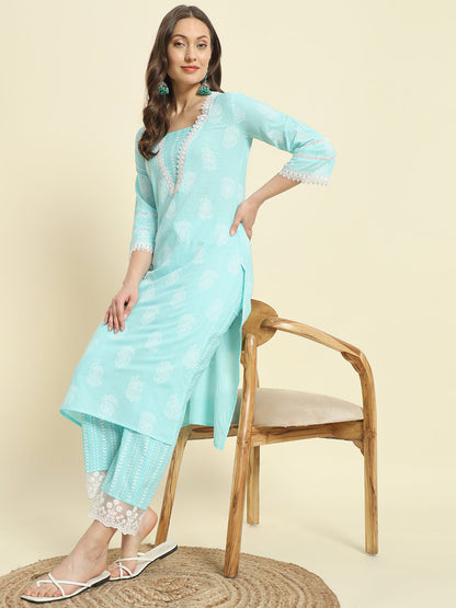 Cotton Embroidery Printed Straight Kurta Set