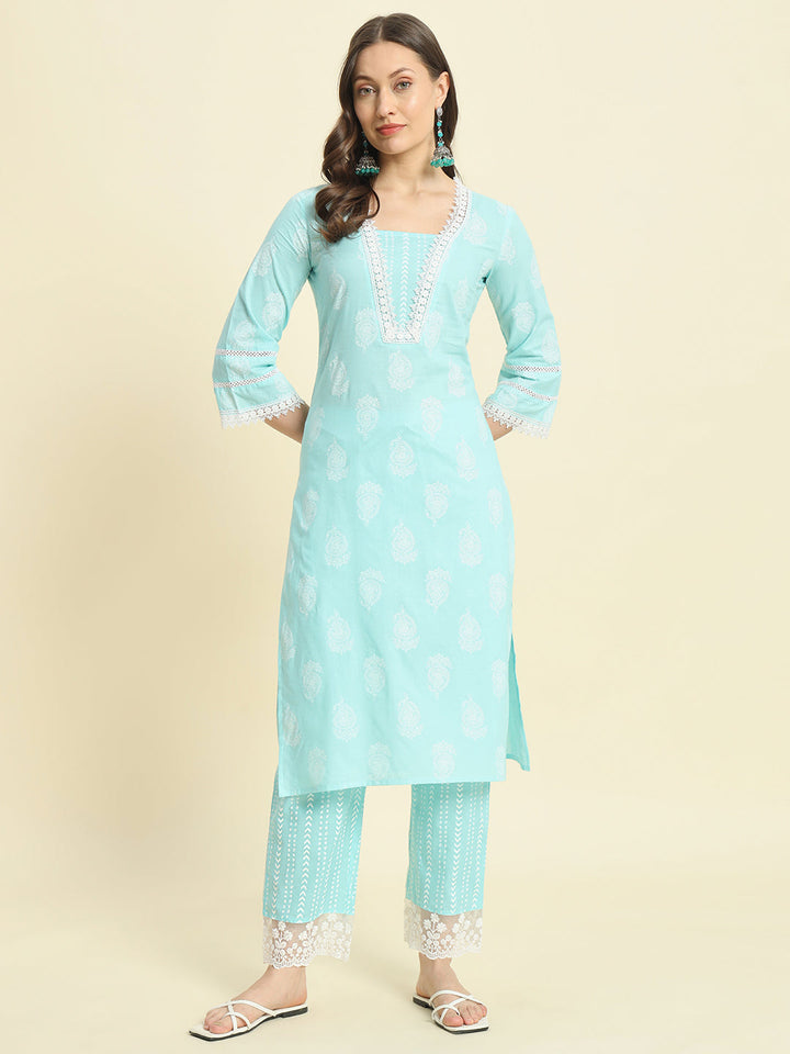 Kbz turquoise cotton printed kurta set – wholesale manufacturer &amp; exporter from India