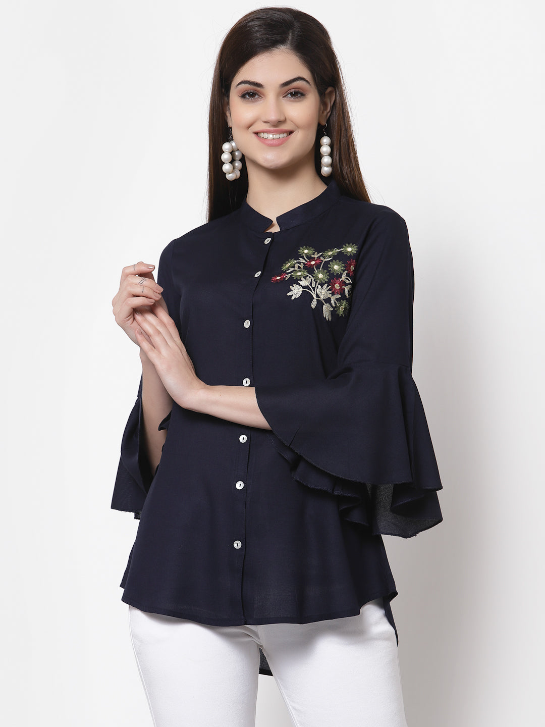 Rayon Embroidered Regular Top (Blue)