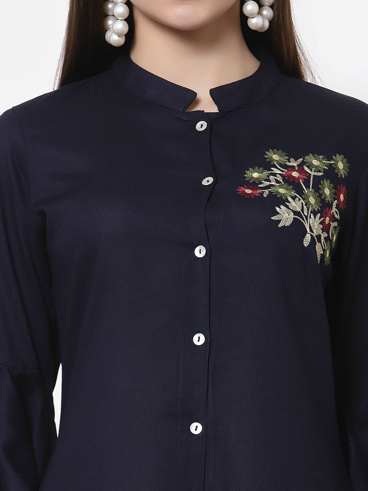 Rayon Embroidered Regular Top (Blue)