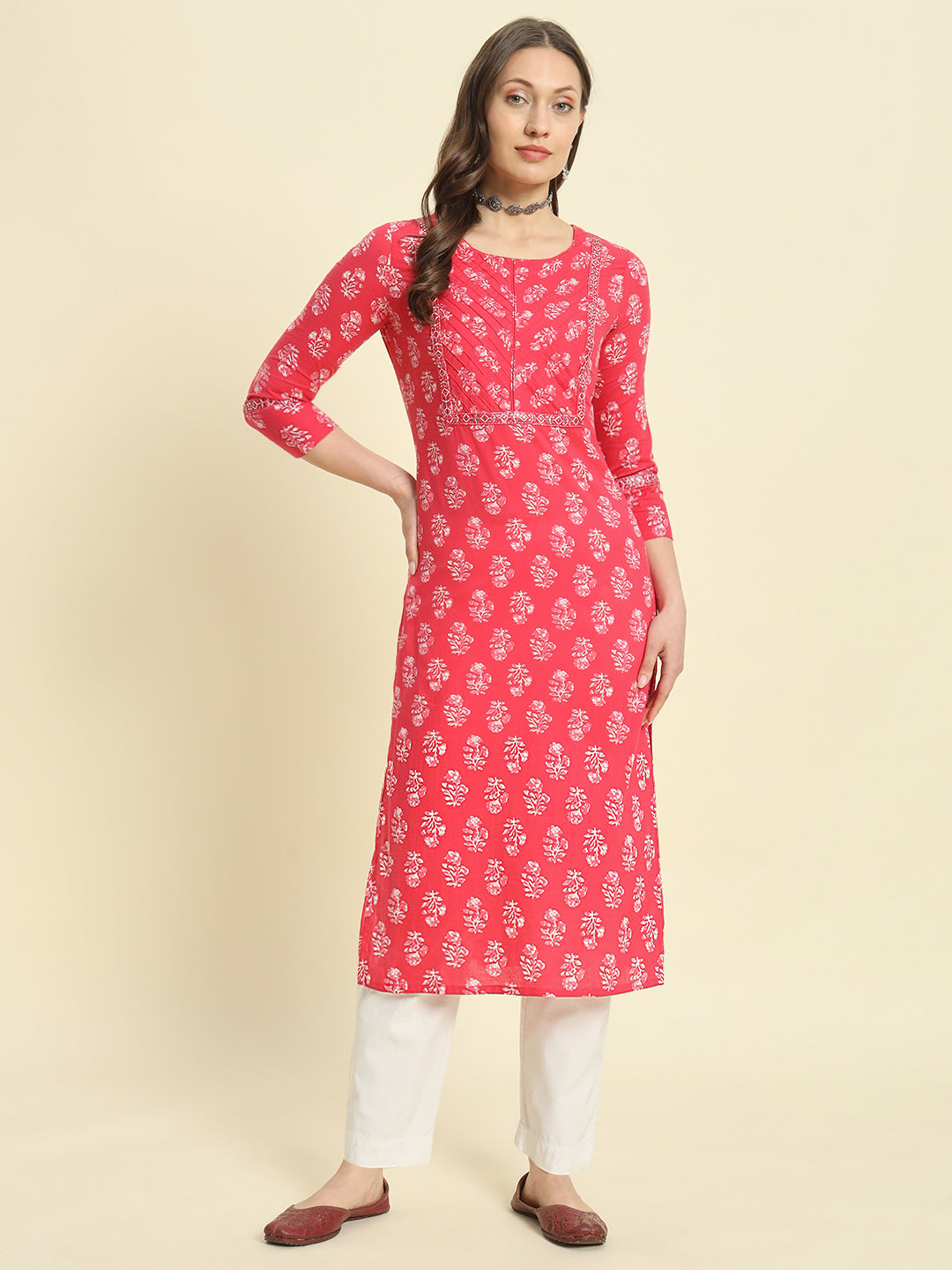 Cotton Printed &amp; Embroidery Straight Kurta
