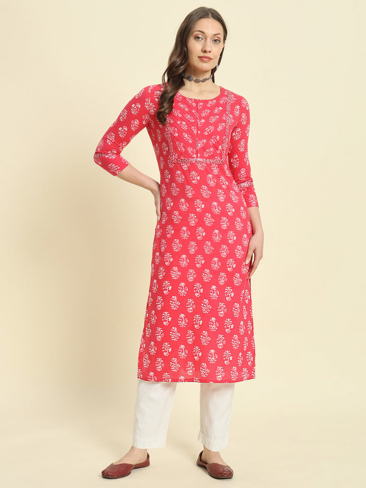 Cotton Printed &amp; Embroidery Straight Kurta