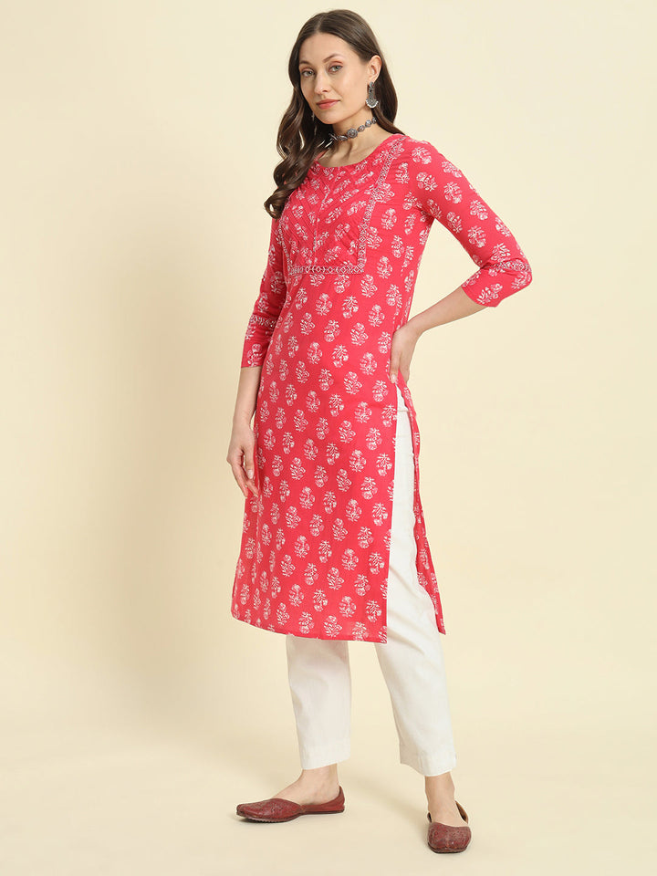 Cotton Printed &amp; Embroidery Straight Kurta