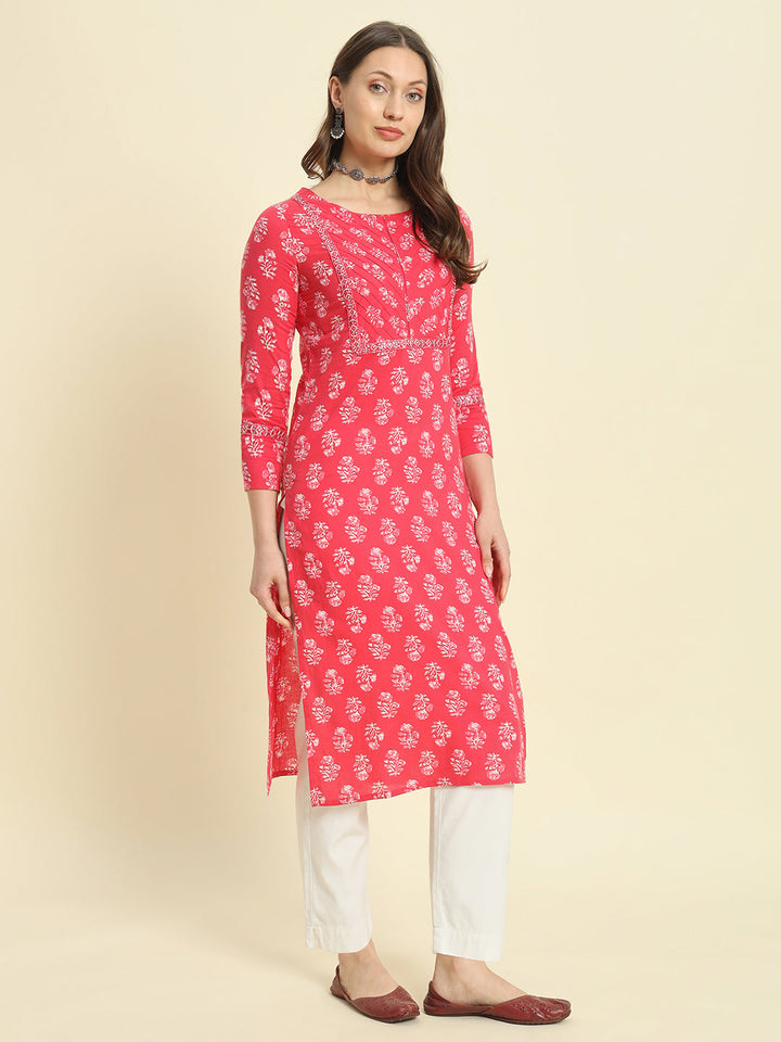 Cotton Printed &amp; Embroidery Straight Kurta