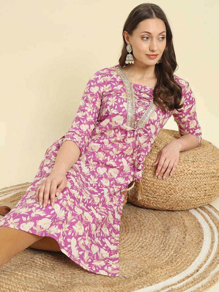 Cotton Printed &amp; Embroidery Straight Kurta