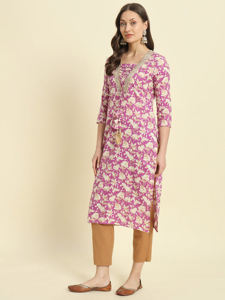 Cotton Printed &amp; Embroidery Straight Kurta