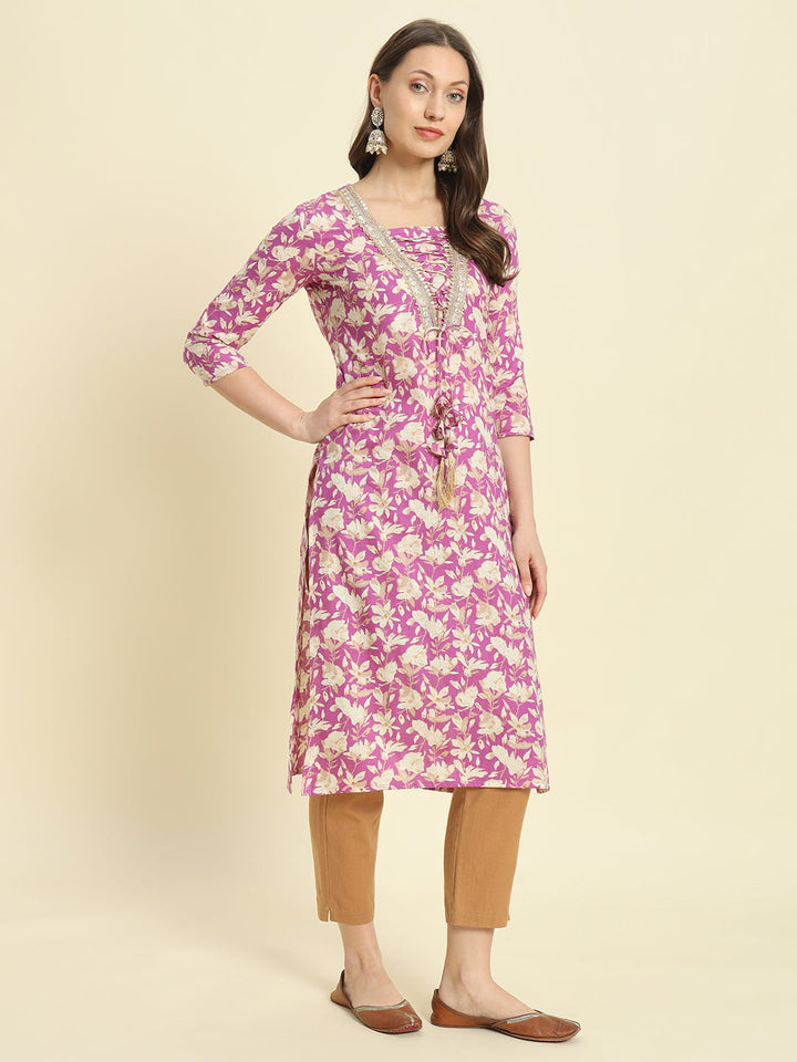 Cotton Printed &amp; Embroidery Straight Kurta
