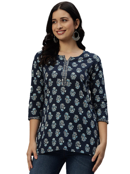Cotton Straight Printed Blue Kurta Ethnic Wear