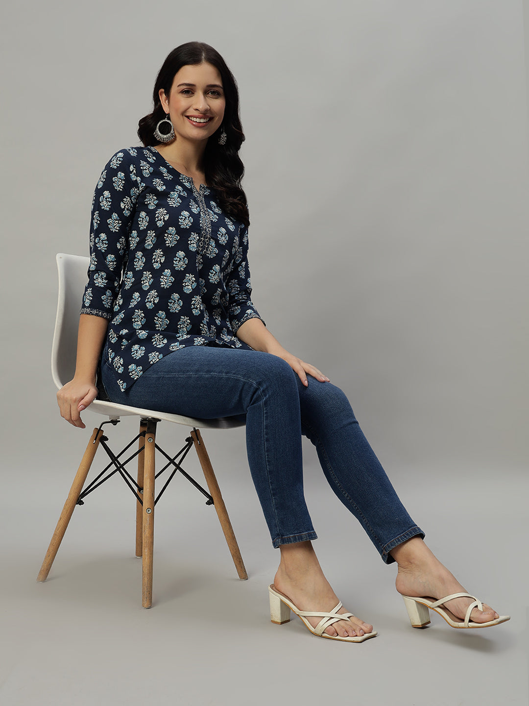 Cotton Straight Printed Blue Kurta Ethnic Wear