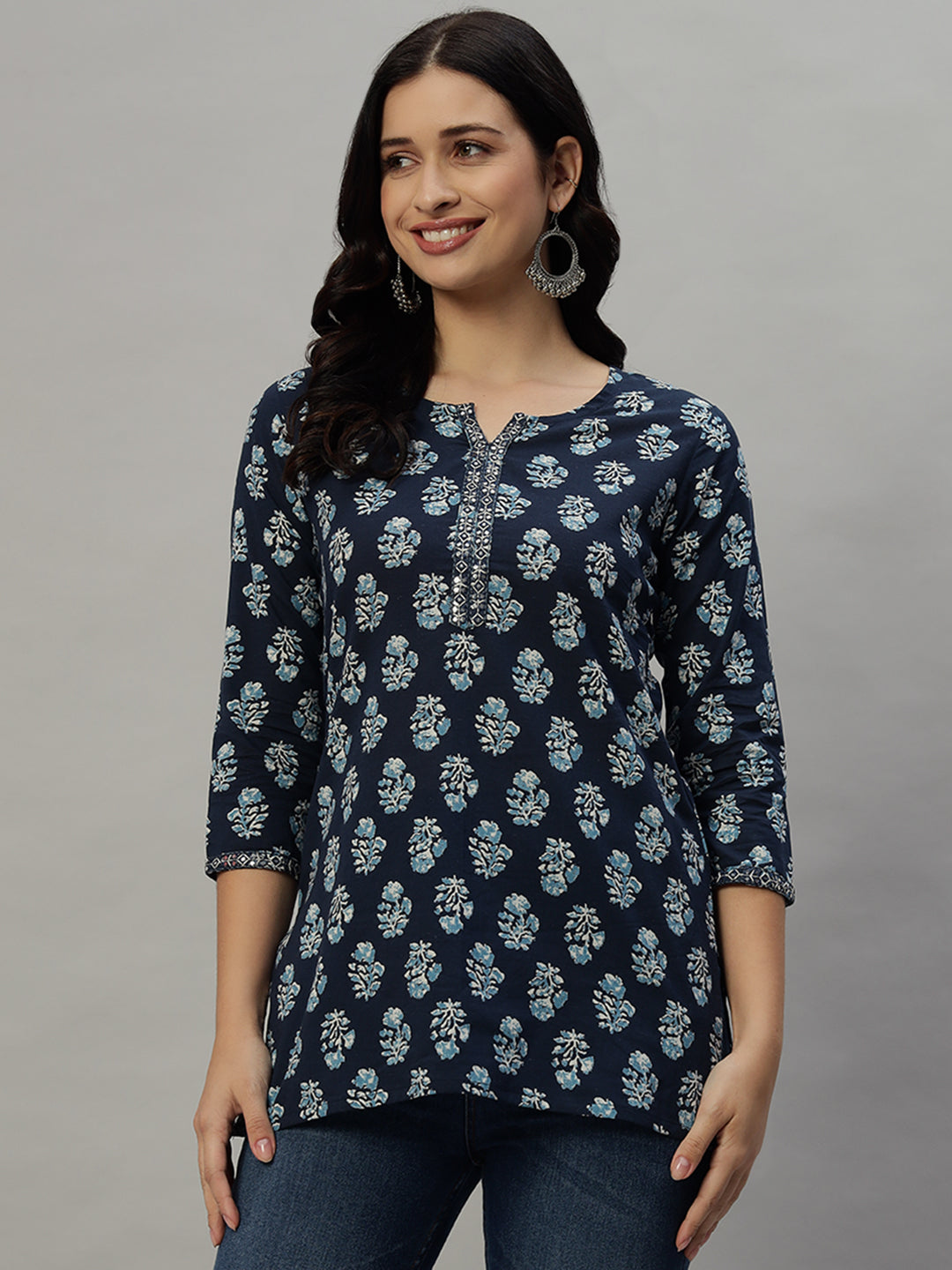 Cotton Straight Printed Blue Kurta Ethnic Wear