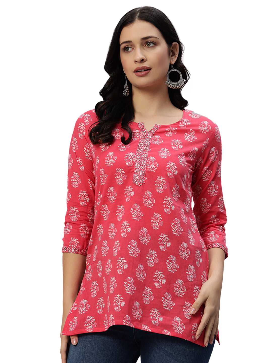Cotton Straight Printed Red Tunic
