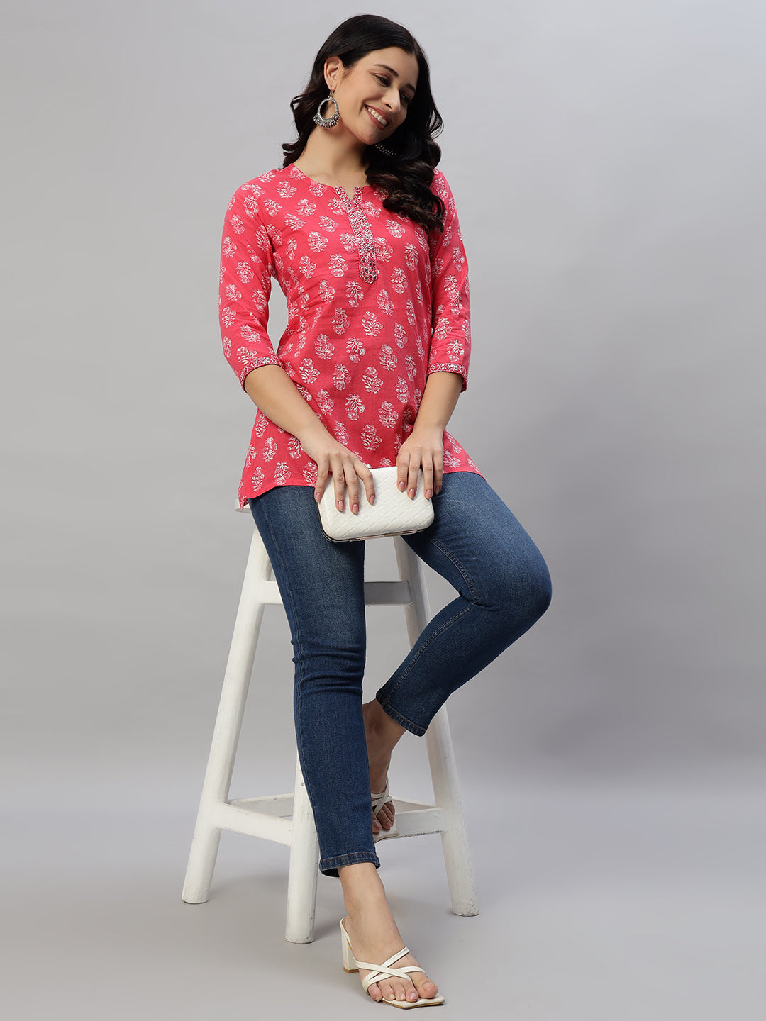 Cotton Straight Printed Red Tunic
