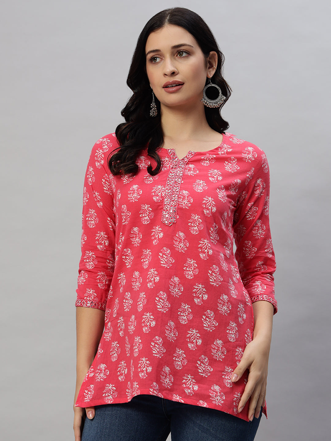 Cotton Straight Printed Red Tunic