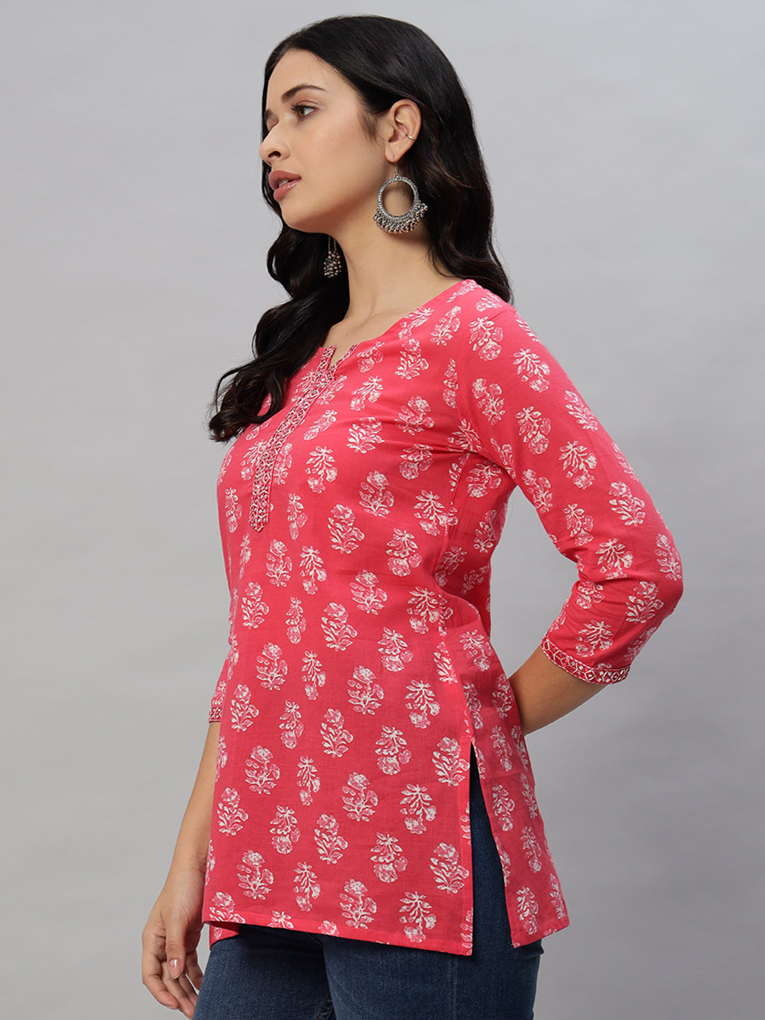 Cotton Straight Printed Red Tunic