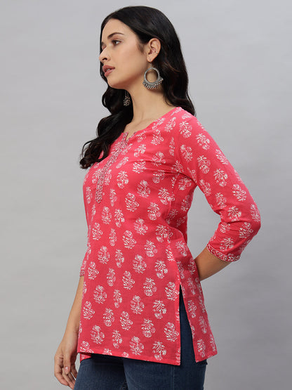 Cotton Straight Printed Red Tunic