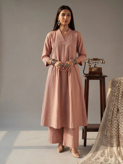Solid A-Line Design Features Pintuck Pleats Kurta Palazzo Set
