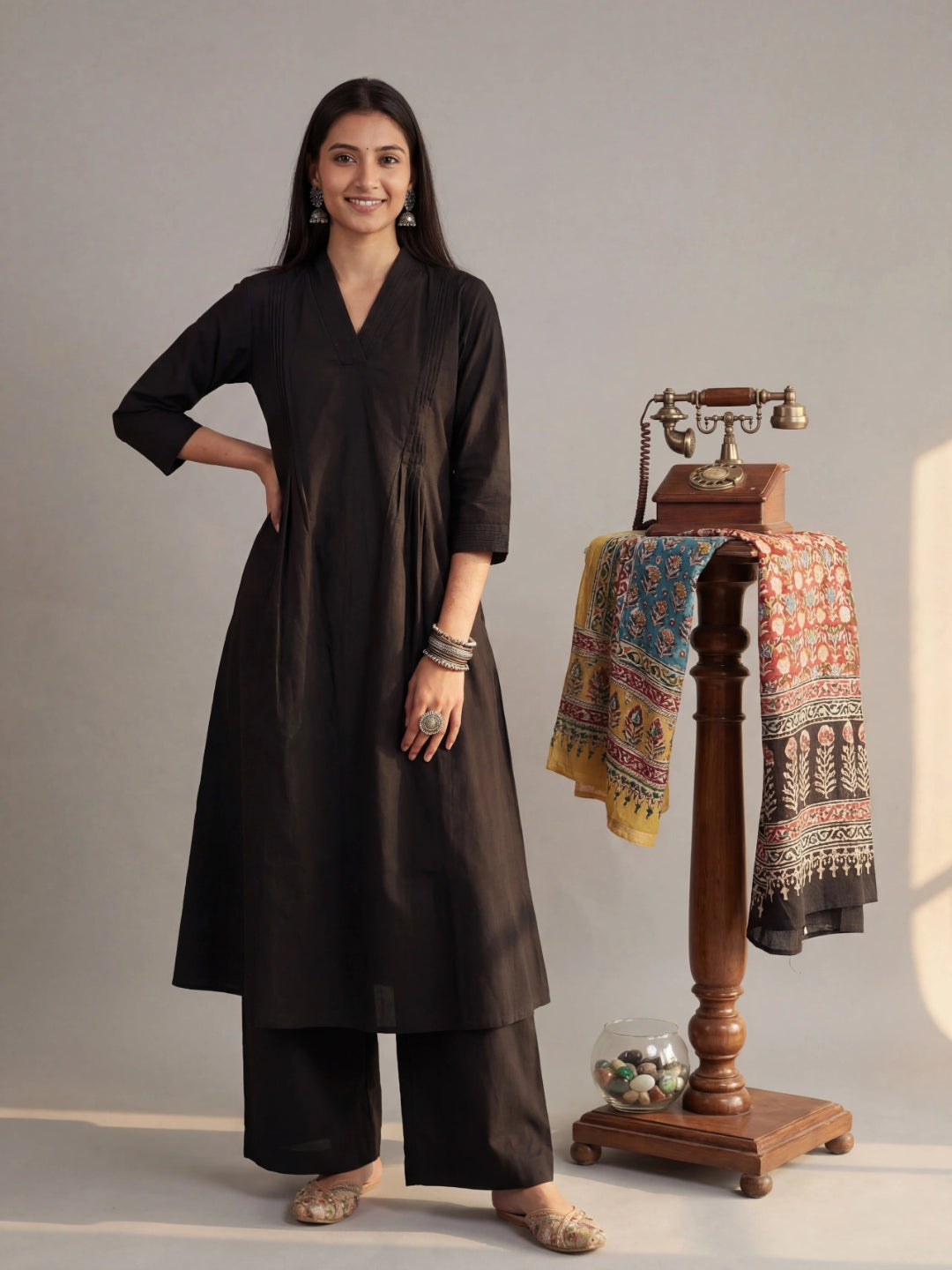 Solid A-Line Design Features Pintuck Pleats Kurta Palazzo Set