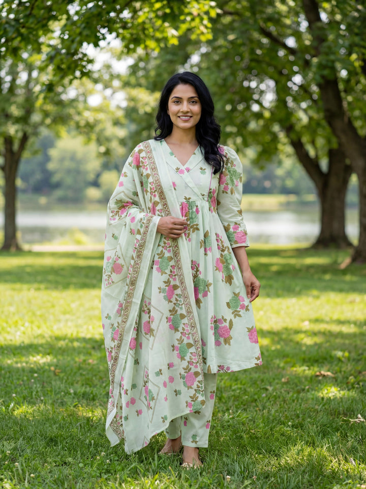 Floral Print A-Line Kurta Trouser Dupatta Set