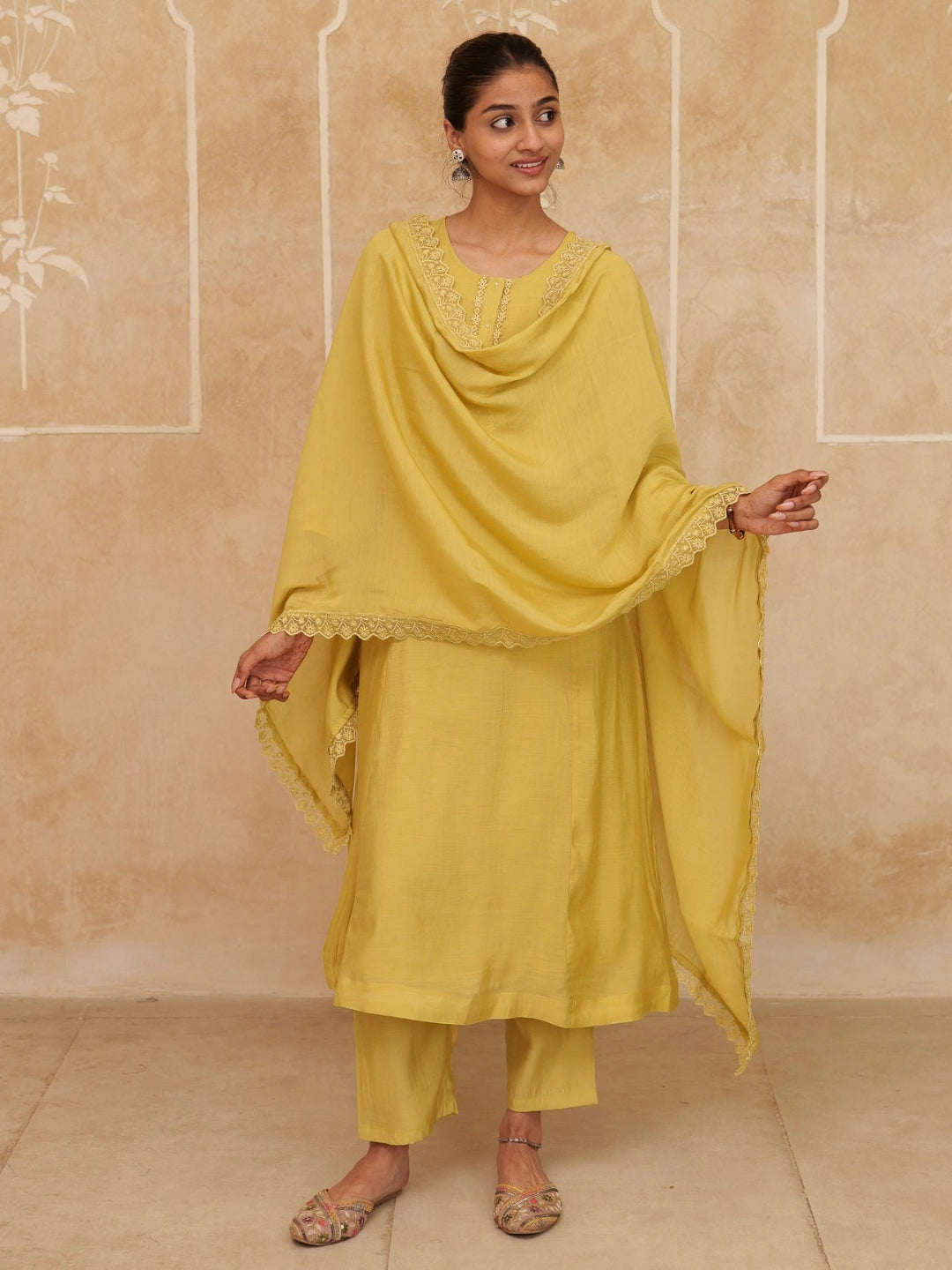 Solid A-Line Design Lining Kurta Trouser Dupatta Set