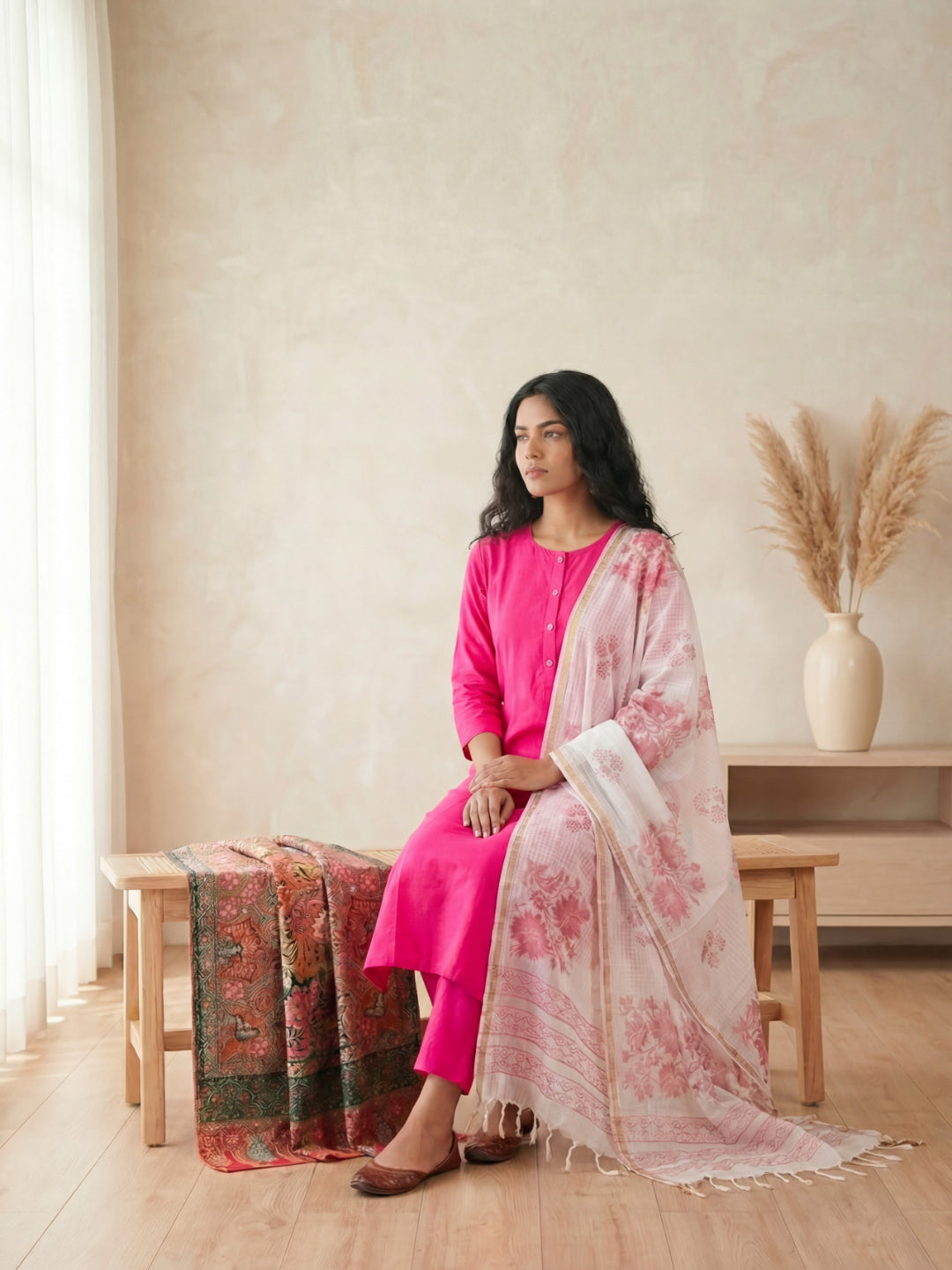 Silk Blend Straight Kurta Pant With Handblock Print Kota Doriya Dupatta Set