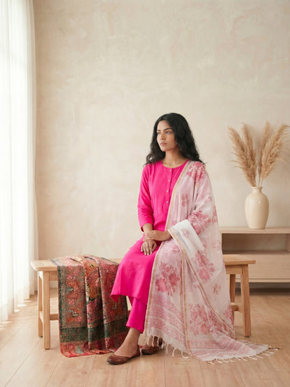 Silk Blend Straight Kurta Pant With Handblock Print Kota Doriya Dupatta Set