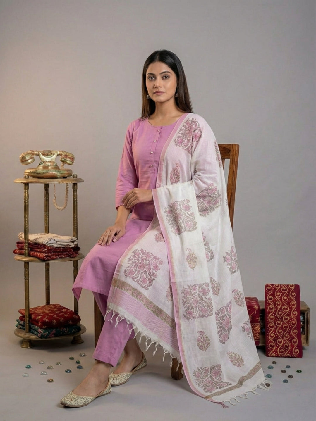 Silk Blend Straight Kurta Pant With Handblock Print Kota Doriya Dupatta Set