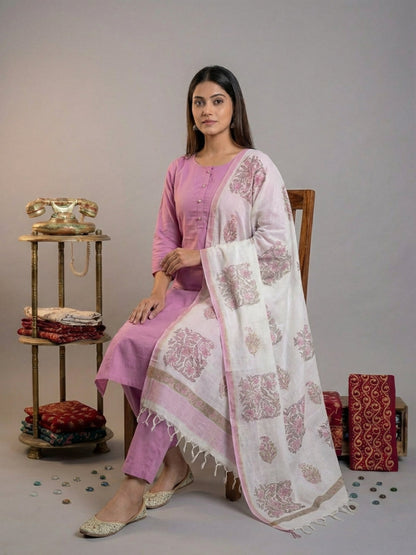 Silk Blend Straight Kurta Pant With Handblock Print Kota Doriya Dupatta Set