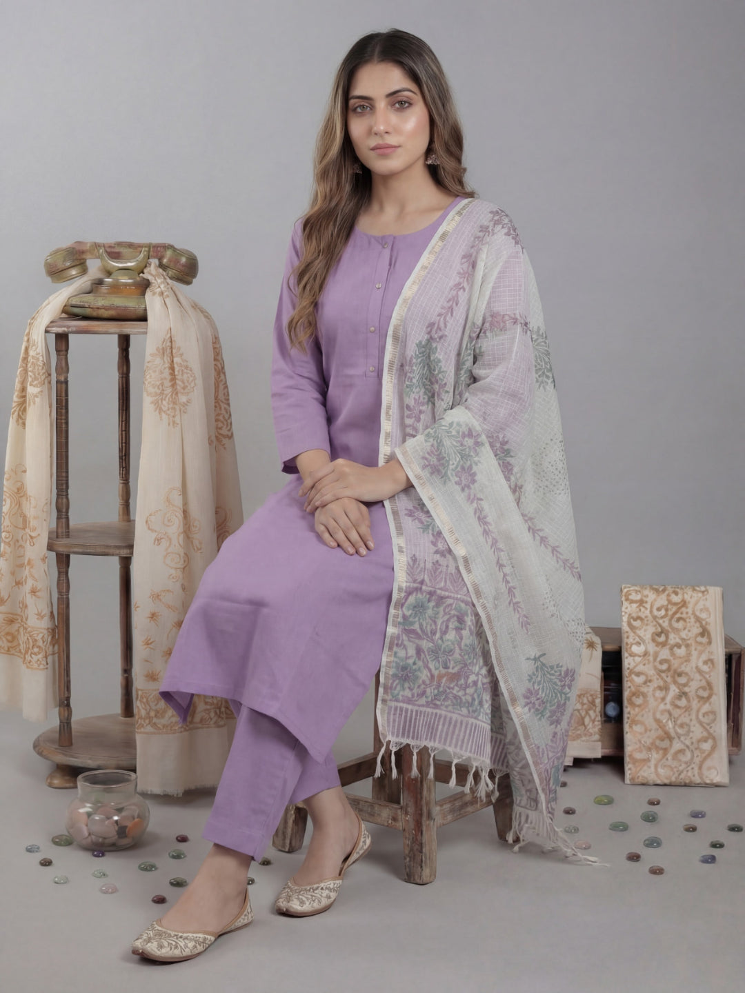Silk Blend Straight Kurta Pant With Handblock Print Kota Doriya Dupatta Set