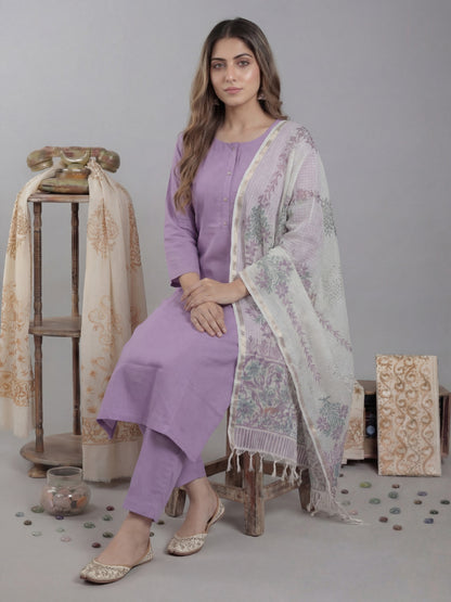 Silk Blend Straight Kurta Pant With Handblock Print Kota Doriya Dupatta Set