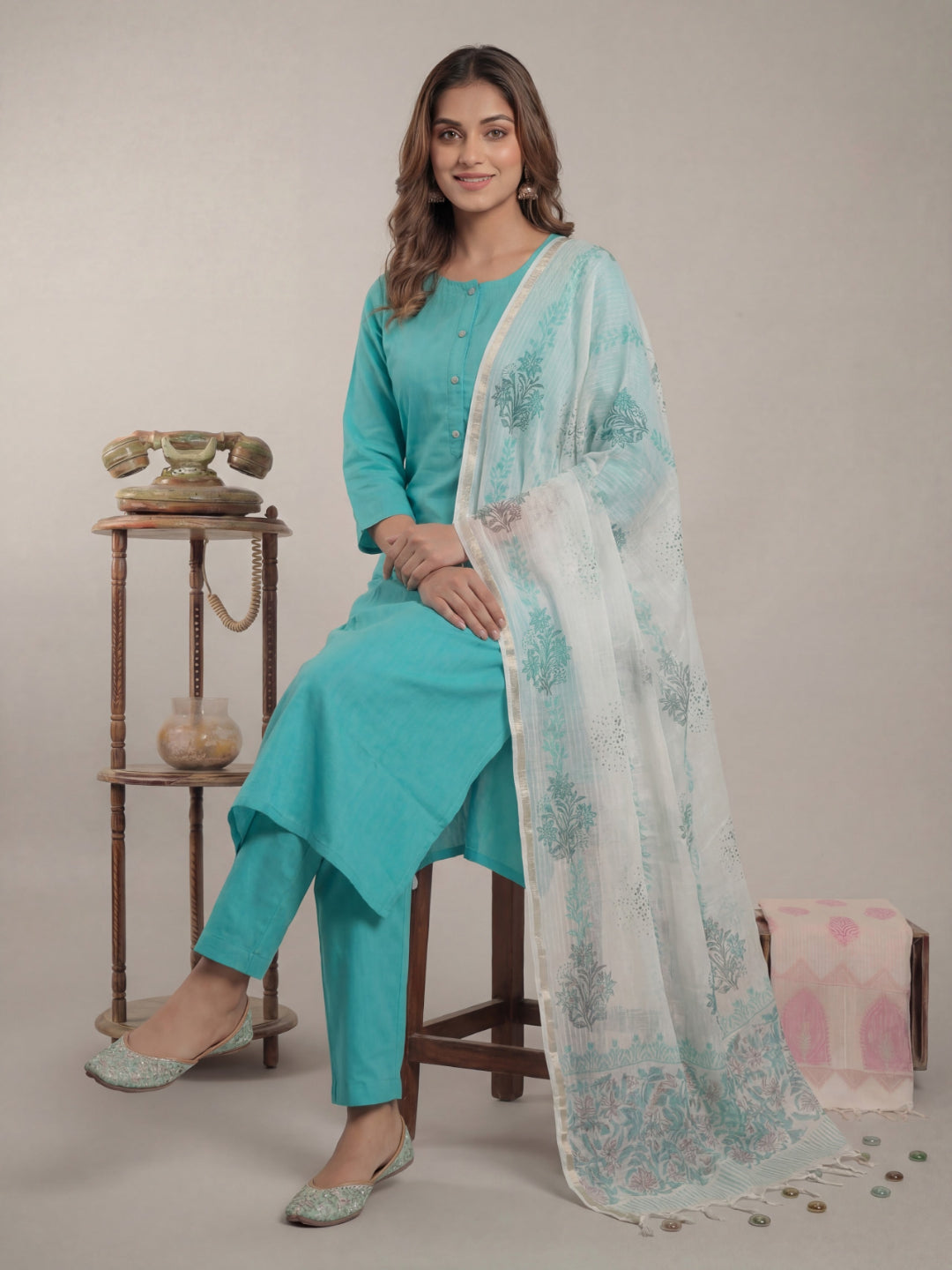 Silk Blend Straight Kurta Pant With Handblock Print Kota Doriya Dupatta Set