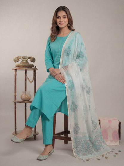 Silk Blend Straight Kurta Pant With Handblock Print Kota Doriya Dupatta Set