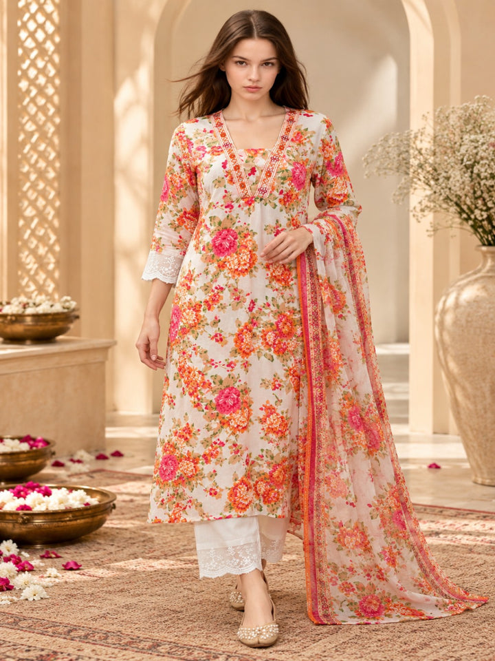 Pure Cotton Printed A-Line Kurta Set With Dupatta