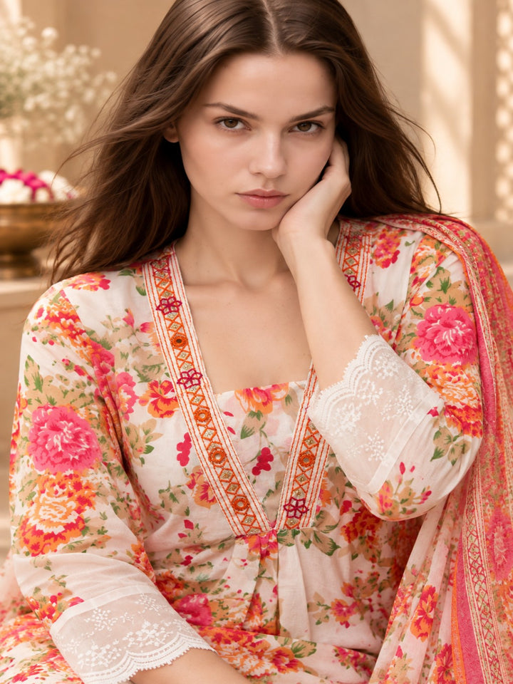 Pure Cotton Printed A-Line Kurta Set With Dupatta